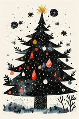 Christmas tree with simple lights depicted in a stylized black and white illustration