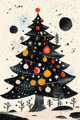 Stylized Christmas tree with simple lights depicted in a stylized black and white illustration
