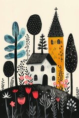 Stylized church depicted in a stylized black and white illustration