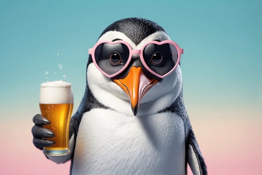 A penguin character wearing sunglasses and holding a glass of beer, depicted against a vibrant backdrop.