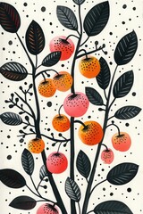 Stylized grapevine with clusters of grapes depicted in a stylized black and white illustration