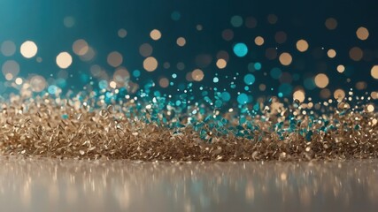 Fototapeta premium An abstract image of gold particles glimmering with teal bokeh lights, evoking a sense of luxury and festivity.