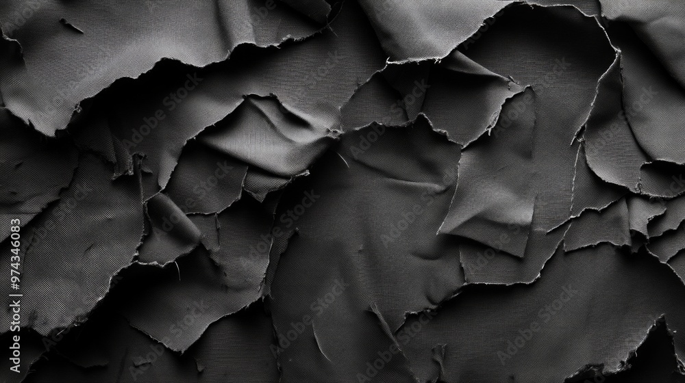 Poster torn fabric texture showcasing layers of black material in a deconstructed style