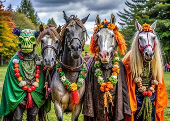 Horses dressed up as monsters and creatures for a spooky Halloween party