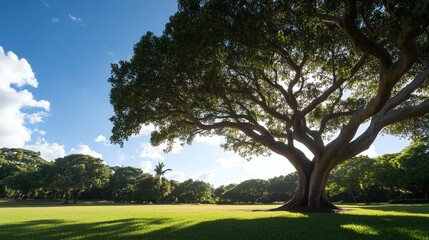 Fototapeta premium A majestic tree stands tall in a lush green park under a clear blue sky, casting a vast shadow on the grassy field.