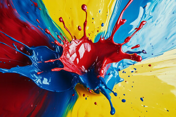 Abstract Explosion of Paint Splashes in Bold Primary Colors, Dynamic Motion, Liquid Art Background