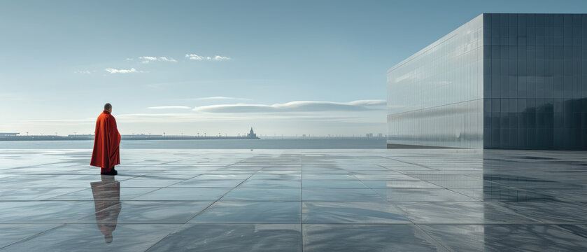 A man in an orange robe stands on a wet, reflective surface - Powered by Adobe
