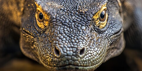 Obraz premium Ultra-close macro shot of a Komodo dragon's head with textured scales and piercing yellow eyes in soft natural lighting