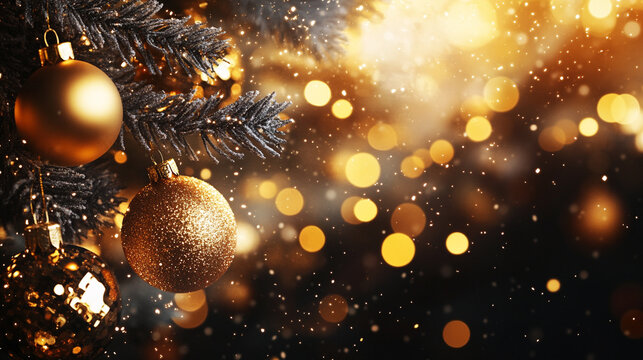 Christmas Light Decorations with Gold Confetti, Glass Ornaments, and Bokeh in a Glowing Golden Winter Night Background