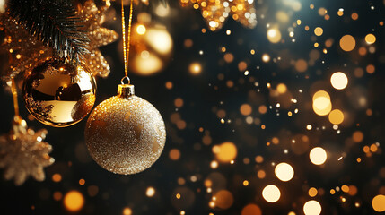 Christmas Light Decorations with Gold Confetti, Glass Ornaments, and Bokeh in a Glowing Golden Winter Night Background