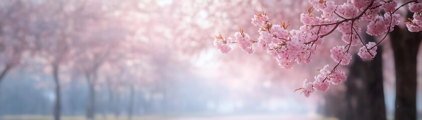 Delicate pink cherry blossoms in full bloom on a serene foggy morning, creating a dreamy and tranquil spring scene.