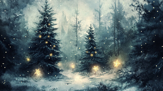 Magical Forest with Glowing Christmas Trees and Lights in Watercolor Style