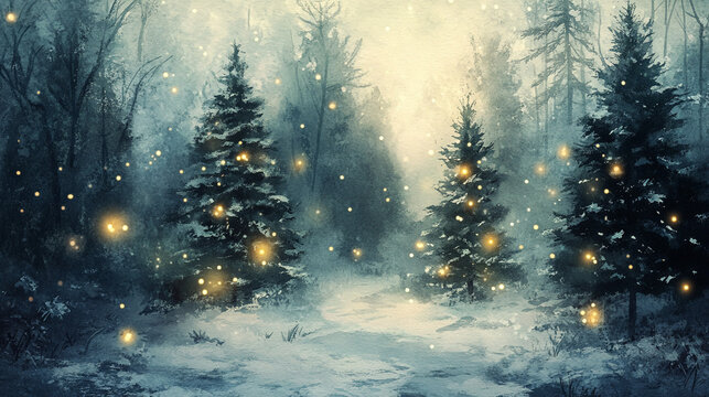 Magical Forest with Glowing Christmas Trees and Lights in Watercolor Style