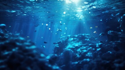 Obraz premium A serene underwater scene with sunlight filtering through the surface, illuminating a vibrant coral reef teeming with life.