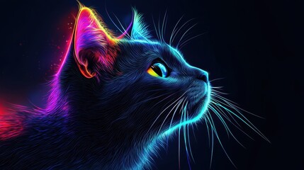 Modern black cat with neon accessories, very high quality. 50 keywords