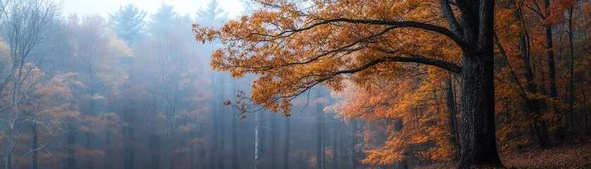 Fototapeta premium Serene autumn forest, misty landscape with trees displaying vibrant fall colors, creating a tranquil and picturesque nature scene.