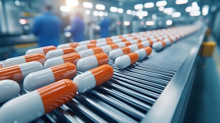 Fototapeta premium A colorful array of capsules on a conveyor belt in a modern pharmaceutical production facility. Efficiency in manufacturing.