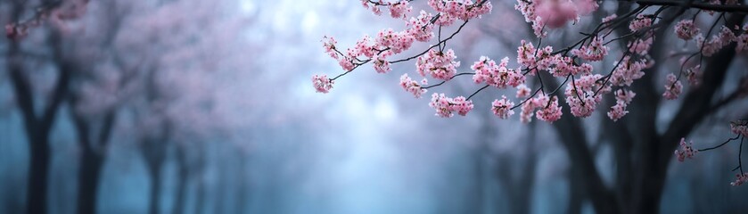 Serene pathway adorned with blooming pink cherry blossoms in a misty, atmospheric setting, perfect for zen, nature, and serenity-themed projects.
