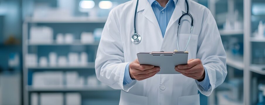 A doctor in a white coat holding a clipboard, preparing for patient consultation in a well-organized medical clinic.