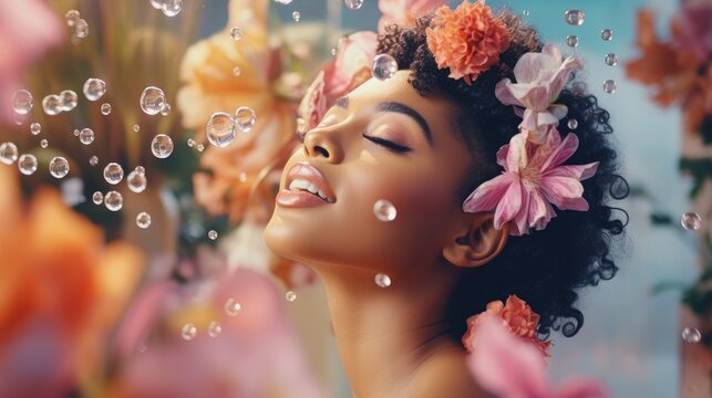 A beautiful woman with flowers in her hair looks up with a serene expression as water droplets fall around her.