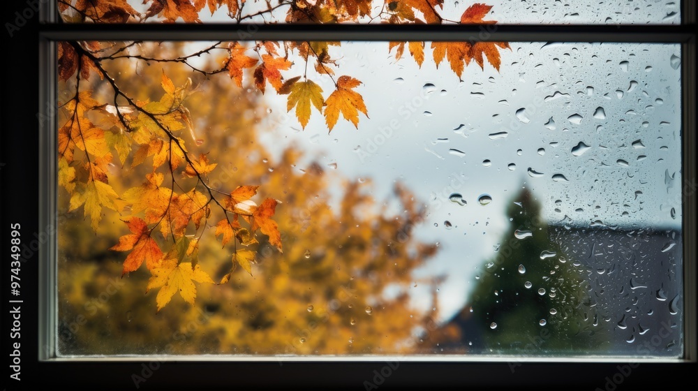 Poster a close-up of a window pane with raindrops on it. the window is looking out at an autumn scene, with