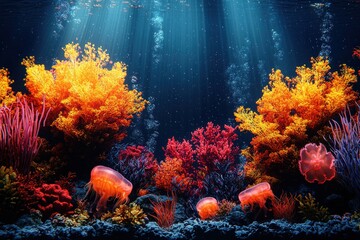 Vibrant underwater coral reef ecosystem with tropical fish and sunbeams