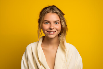 Obraz premium Young pretty blonde girl over isolated colorful background in a bathrobe