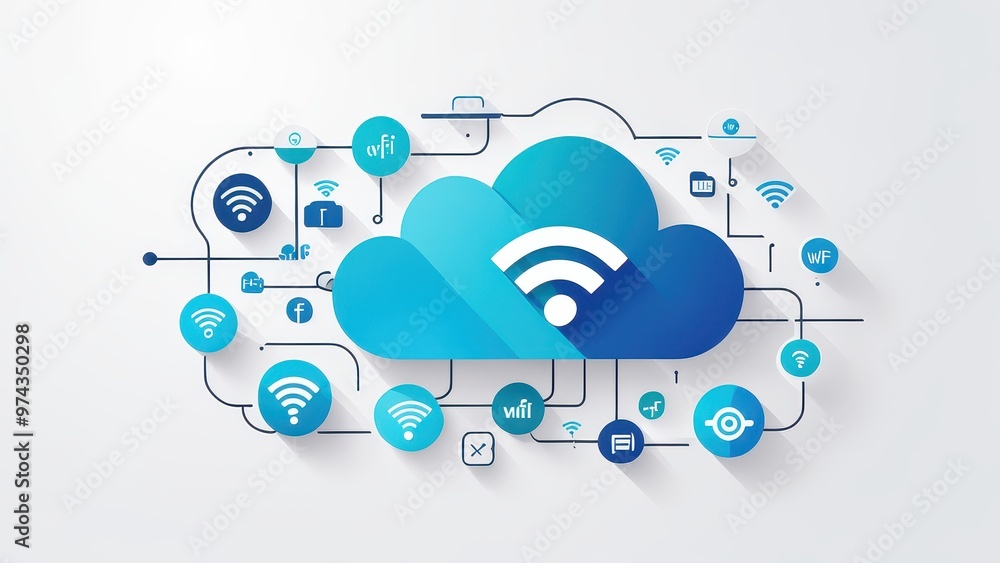 Poster a cloud graphic with wireless symbols and icons representing connectivity and technology.