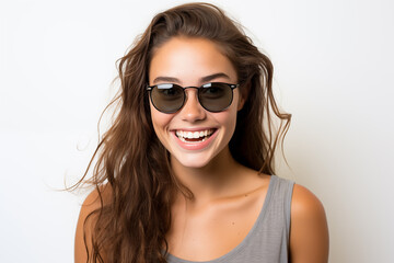 Naklejka premium Young pretty brunette girl over isolated white background with sunglasses