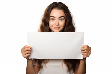 Fototapeta premium Young pretty brunette girl over isolated white background holding an empty placard