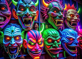 Monster masks in bright neon lights