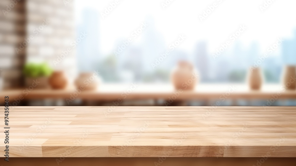 Poster a rustic wooden table top with a blurred background of a window with city views. the table top is pe