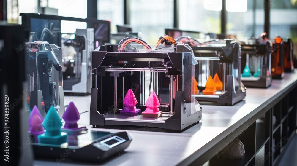 Aufkleber a close-up of a 3d printer in operation, with colorful plastic objects being created.