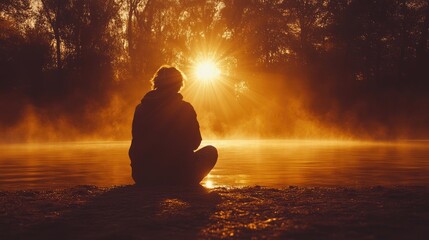 A young man sits by the water with a peaceful mind.