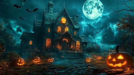 Spooky 3D Haunted House: Full Moon, Pumpkins, and Bats
