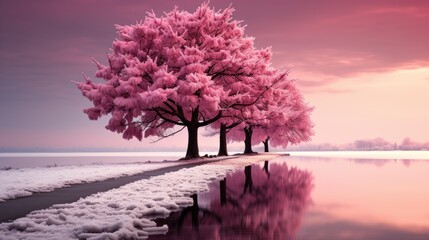 pink trees in the snow  