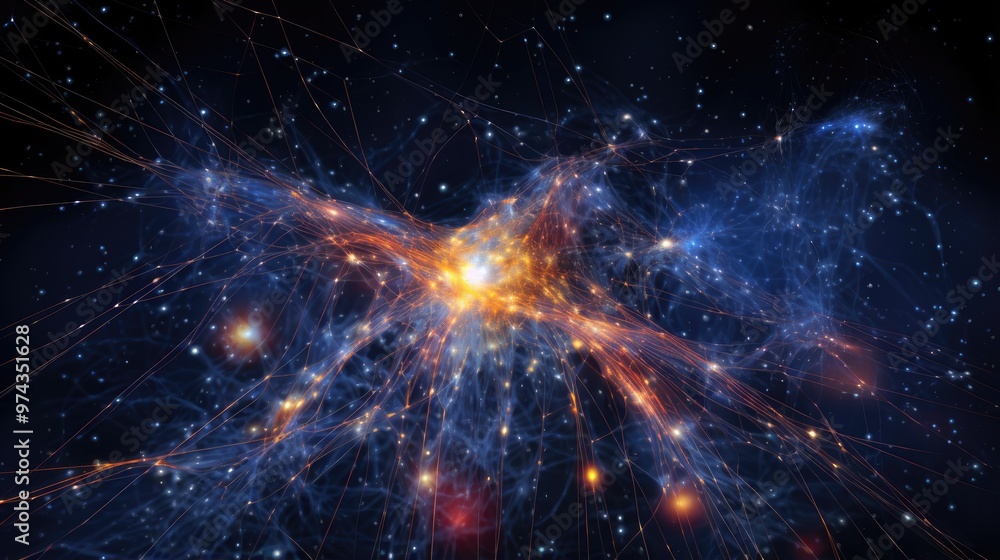 Poster a mesmerizing abstract background with a glowing, star-like center surrounded by a network of glowin