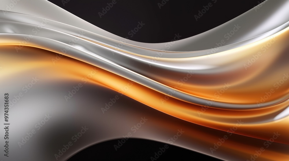 Poster a captivating abstract background featuring a smooth, flowing wave of silver and gold.