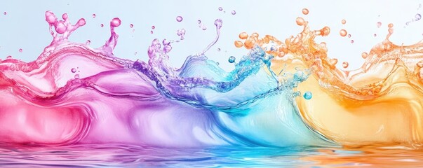Wet splashes, flowing motion, diverse color palette, watercolor style