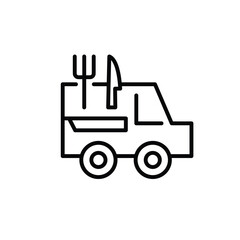 A line art illustration of a food truck with a fork and knife sticking out of the roof.