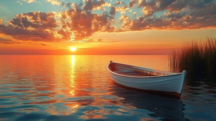 Fototapeta premium A small white boat sits still on a calm lake at sunset, with tall grass on the shore and a beautiful orange sky in the background.