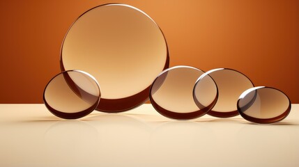 A group of four glossy, round objects, arranged in a descending size order, sit on a light beige surface against a warm orange background.