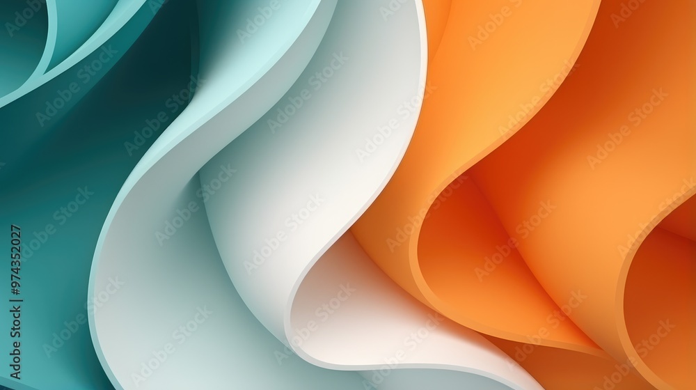 Poster abstract background with curved shapes in teal, white, and orange. the colors blend together smoothl