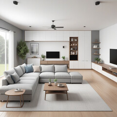 A spacious living room with a sectional sofa, coffee table, and entertainment center, floor plan. 3D Render. AI Generate