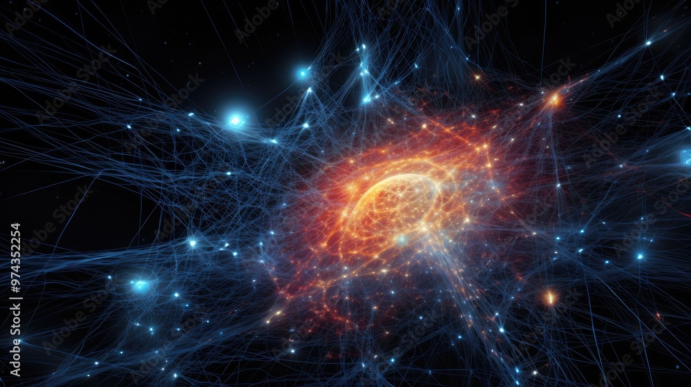 Poster a mesmerizing abstract background with a network of glowing lines and stars.
