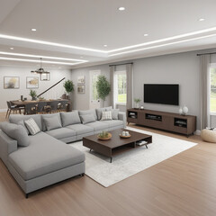 A spacious living room with a sectional sofa, coffee table, and entertainment center, floor plan. 3D Render. AI Generate