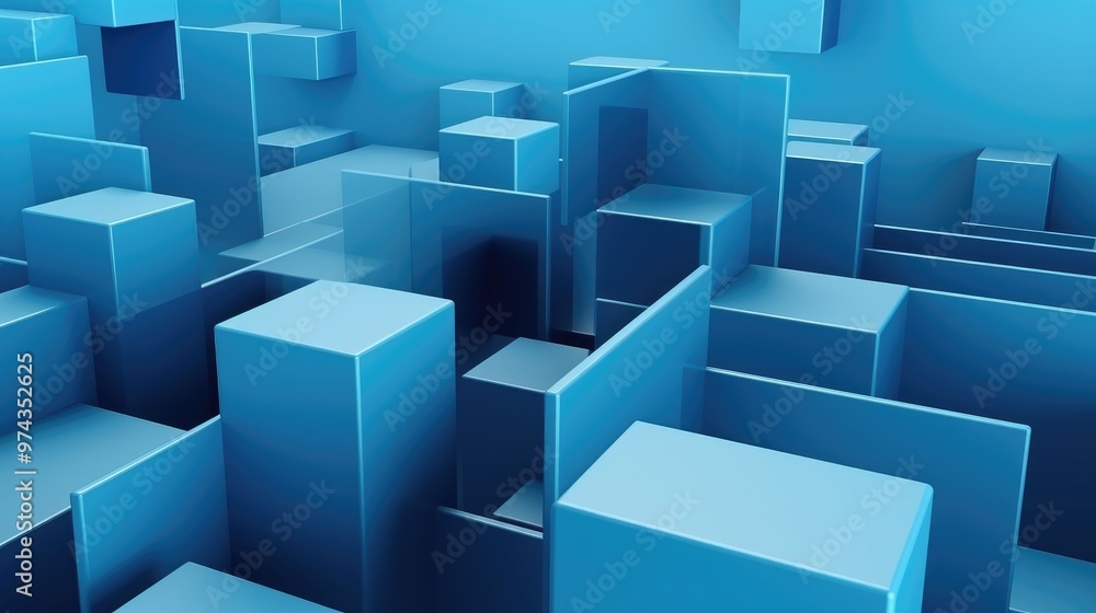 Poster abstract geometric background with blue cubes and rectangular shapes.