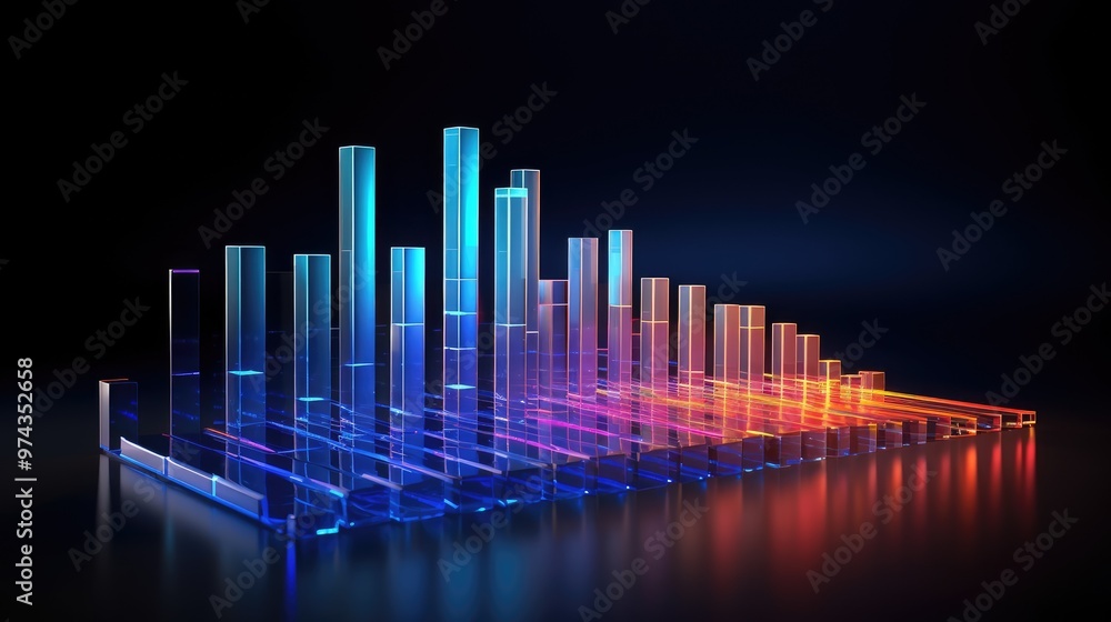 Poster a futuristic abstract background with glowing neon bars. the bars are arranged in a descending order
