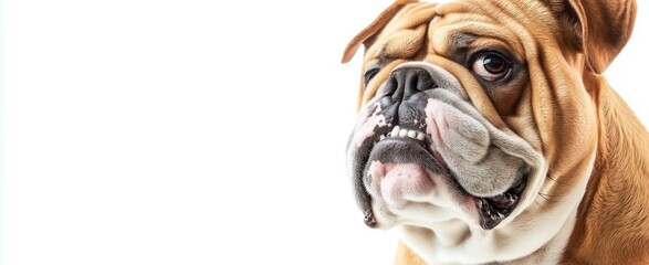 Bulldog with Exaggerated Snarl, Wrinkled Nose, and Underbite, Featuring a Stocky Build and Wrinkled Face Against a Clean White Background

