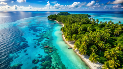 Obraz premium Serene Tropical Island with Crystal Clear Waters and Lush Palm Trees Remote Tropical Paradise Featuring White beach Sandy Beaches and Dramatic Clouds